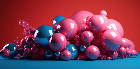 3d rendering of pink and blue balloons on a red background.の素材