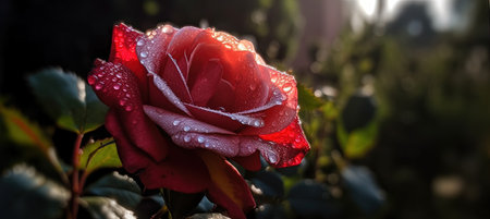 Beautiful red rose with dew drops on a dark background.の素材