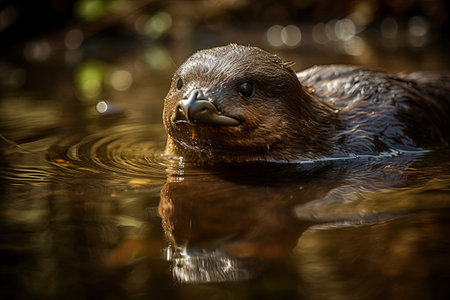 Otter swimming in the water with its reflection in the waterの素材