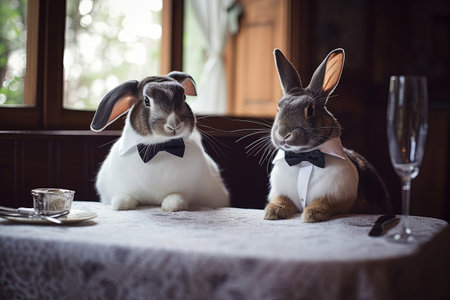 Rabbits sitting on a table in a restaurant with a glass of wineの素材