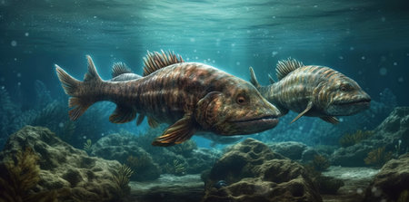 3d rendering of a pair of piranha fish swimming underwaterの素材