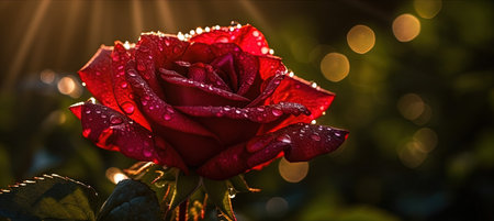 Beautiful red rose with dew drops on bokeh backgroundの素材