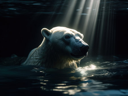 Polar bear swimming in the dark water with rays of light.の素材