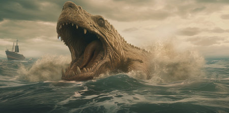 Dinosaur in the sea. 3d render. Fantasy illustration.の素材