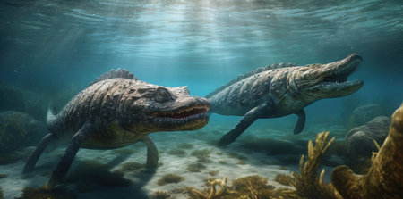 Crocodile in the deep blue sea with corals.の素材