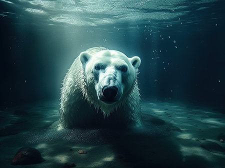 Polar bear swimming underwater. 3D Rendering. Studio shot.の素材