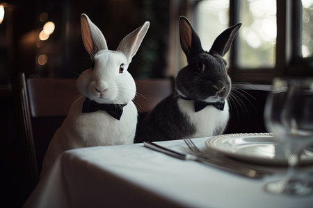 Easter bunnies with bow tie on a table in a restaurantの素材
