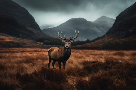 Red deer stag standing on a hillside in Scotland, UK.の素材