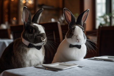 Rabbits in a restaurant. Two rabbits sitting at the table.の素材