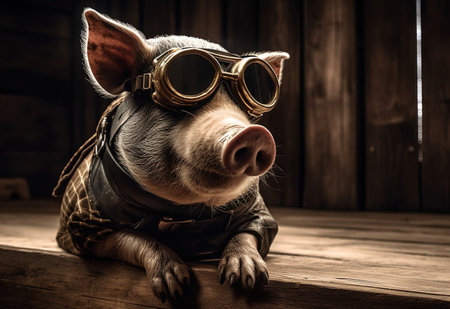 Portrait of a funny pig wearing aviator goggles. Vintage style.の素材