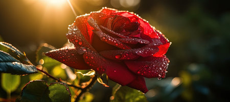 Beautiful red rose with dew drops on a background of green leavesの素材