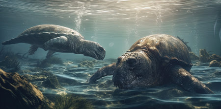 Two sea turtles swimming in the ocean. 3d render illustration.の素材