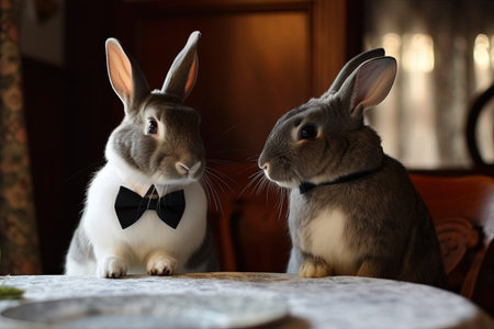 Rabbits sitting on a table with a bow tie and a mirrorの素材