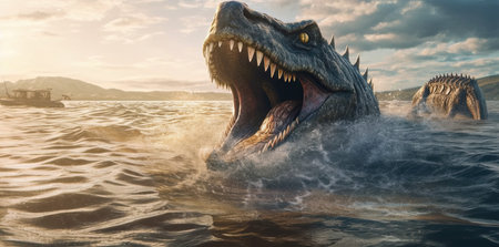 dinosaur in the sea. 3d illustration. 3d renderingの素材