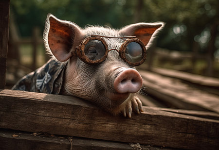 Portrait of a pig wearing glasses on a pigsty. Piglet in glasses on a pigstyの素材