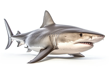 3D render of a great white shark isolated on white background.の素材