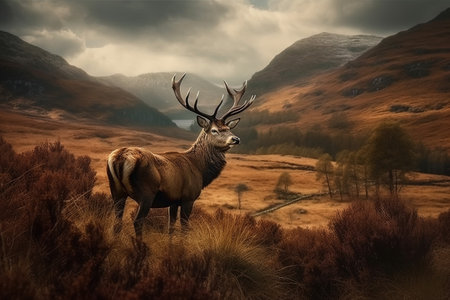 Red Deer in the Scottish Highlands. This is a 3d render illustration.の素材
