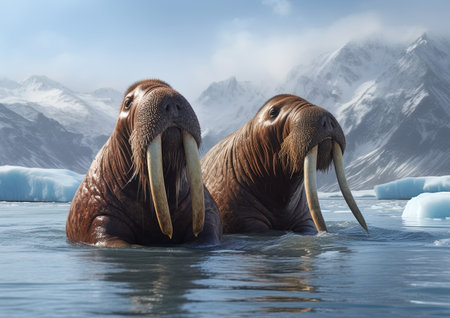 Two walrus in the water on a background of snow-capped mountainsの素材