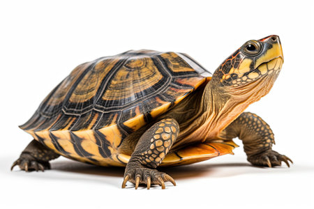 turtle isolated on white background, close-up, side viewの素材