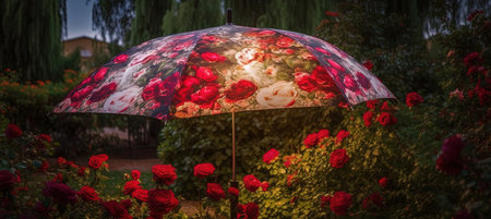 Red roses under an umbrella in a garden on a rainy day.の素材