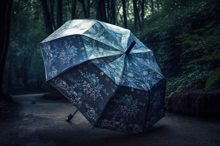 Beautiful umbrella in the forest at night, rainy season. Rainy weather.の素材