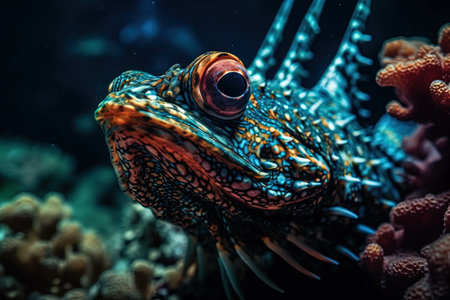 Close-up portrait of a colorful tropical fish on a coral reefの素材