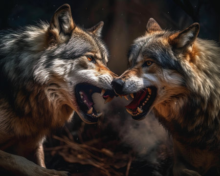 Two wolves fighting in the forest. Portrait of wild animals.の素材