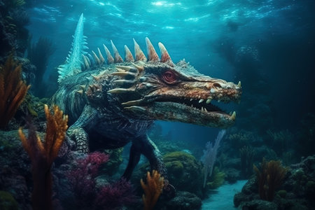 Dinosaur Spinosaurus on a coral reef in the Philippines.の素材