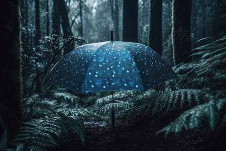 Conceptual image of a blue umbrella in a dark forest.の素材