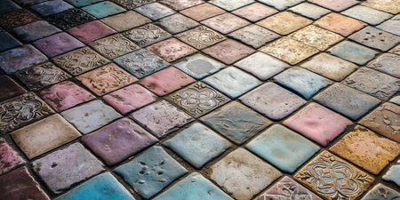 Colorful ceramic tile pattern on the street. Abstract background and texture.の素材