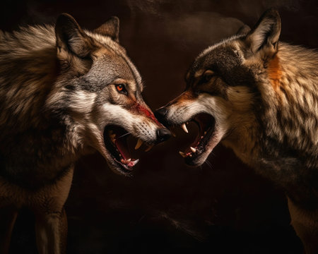Two wolves fighting on a dark background with smoke in the mouth.の素材
