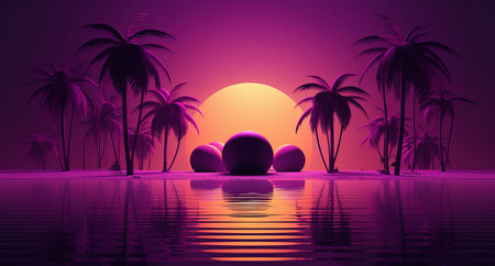 3d render of tropical island with palm trees, sun and ballsの素材