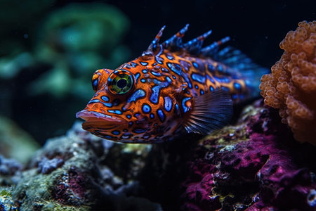 Close up of a colorful fish in a marine aquarium with coralsの素材