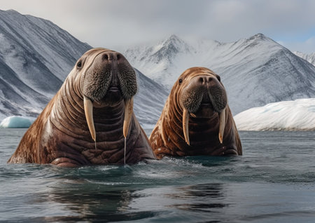 Two walrus in the ocean. Two animals on the background of snow-capped mountains.の素材