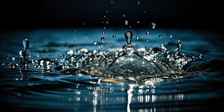Water drops close-up. Splash effect after collision a falling drops with water Surfaceの素材