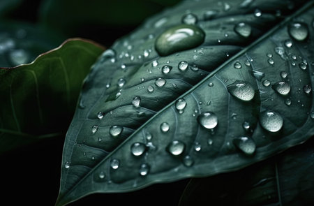 Water droplets on green leaf with dark background. Close up.の素材