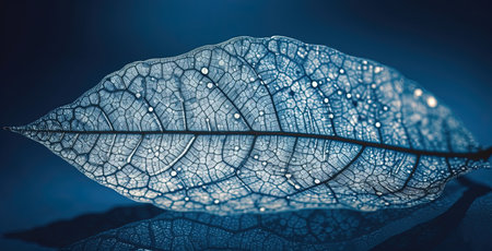 Leaf with dew drops close-up. Blue background.の素材