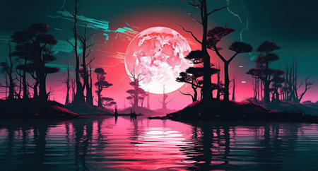 Fantasy landscape with a full moon in the night. Vector illustration.の素材