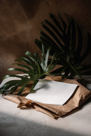 Tropical leaves and envelope on the table. Copy space.の素材