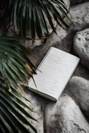 Notebook on a stone background with palm leaves. Copy space.の素材