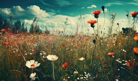 Beautiful meadow with red poppies and daisiesの素材