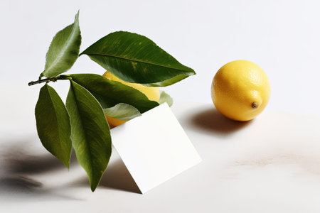 Lemon with leaves and blank card on white background, copy spaceの素材