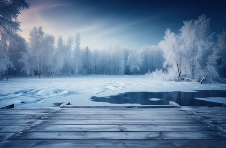 Beautiful winter landscape with frozen lake and wooden pier. Dramatic sky.の素材