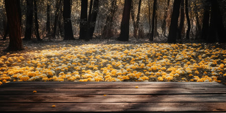 Wooden floor in the forest with yellow marigold flowers.の素材