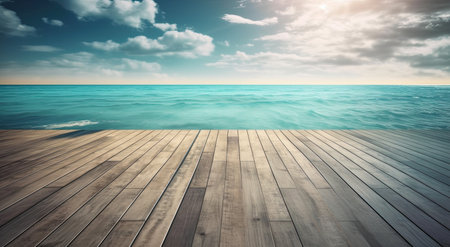 Wooden pier on the sea and sky background with copy space.の素材