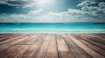 Wooden floor on the beach with blue sea and sky background.の素材