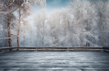 wooden terrace in winter forest with trees and snowflakesの素材