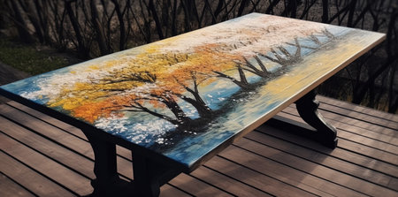 Decorative wooden bench with a picture of autumn trees in the parkの素材