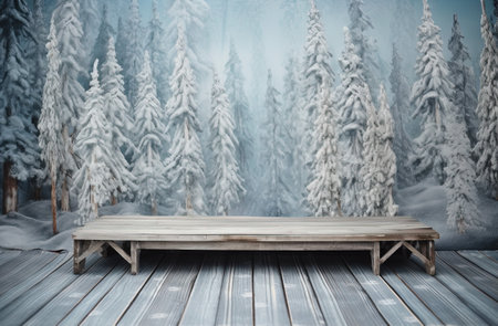 Wooden table against snowy landscape with fir trees in a foggy forestの素材