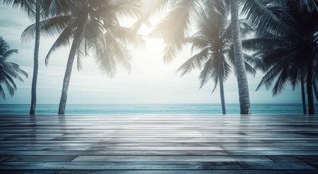 Tropical beach with palm trees and wooden terrace, tonedの素材